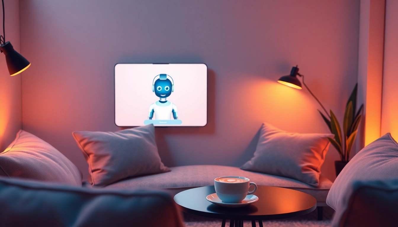 Engaging interface for free ai sex chat with a friendly AI avatar in a cozy setting.