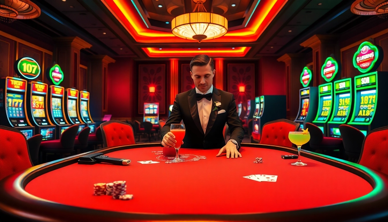 Engage with exciting hit club casino gaming at a luxurious poker table with vibrant slot machines.