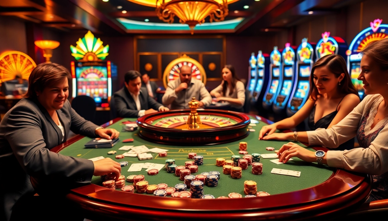 Experience thrilling games at the meilleurs casino en ligne, featuring luxurious poker tables and vibrant slot machines.