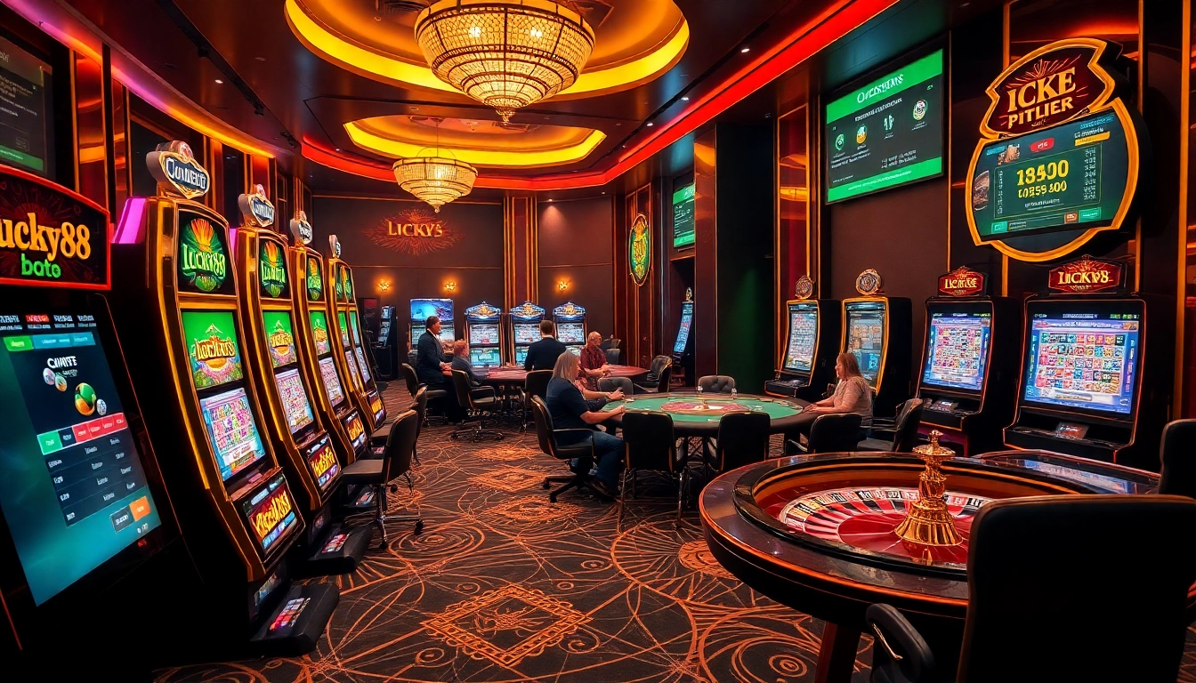 Engage with the thrilling lucky88 app in a modern casino setting filled with vibrant slot machines and poker tables.