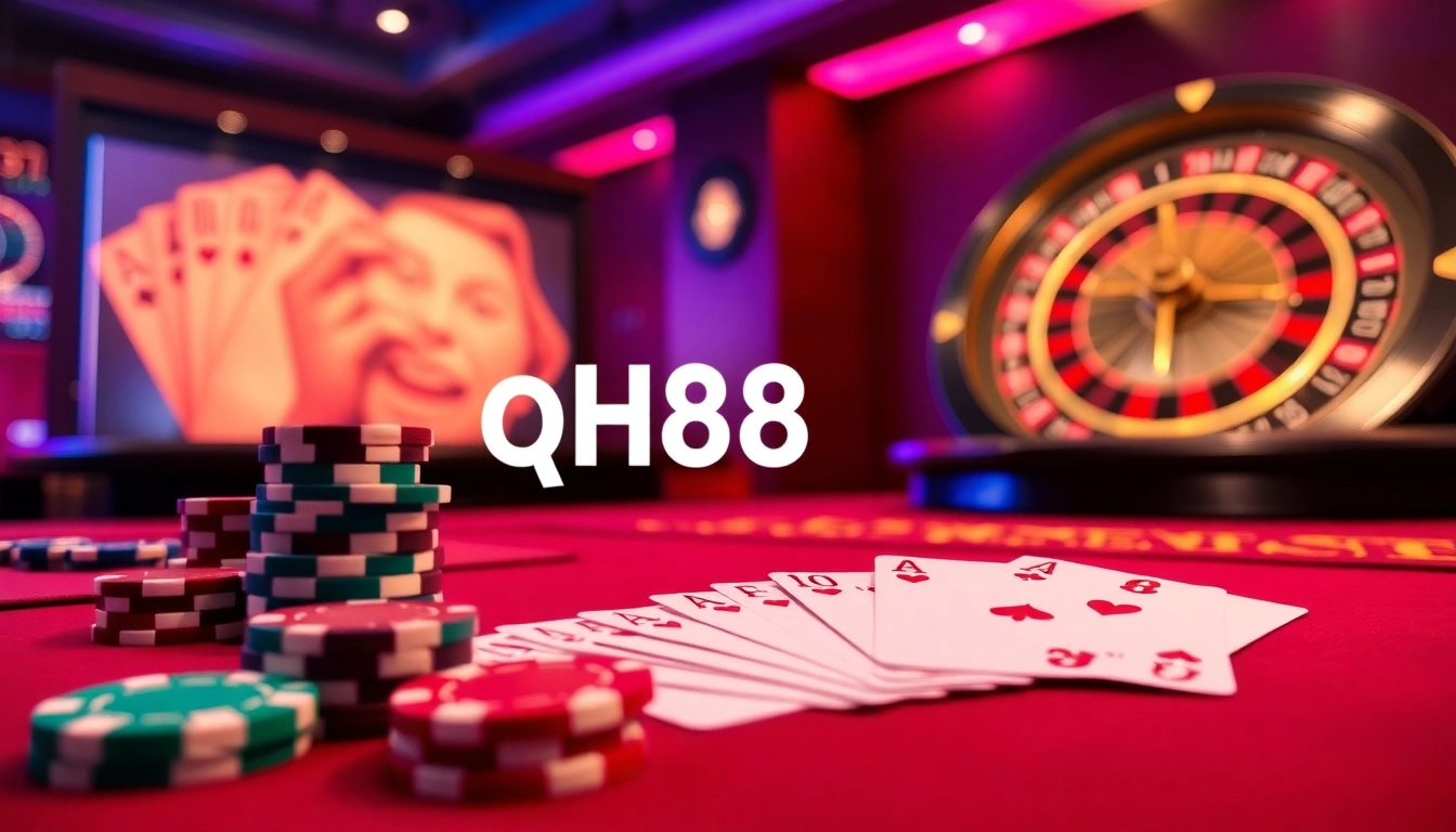 Experience the thrill of qh88 with vibrant poker chips and an elegant online casino setup.