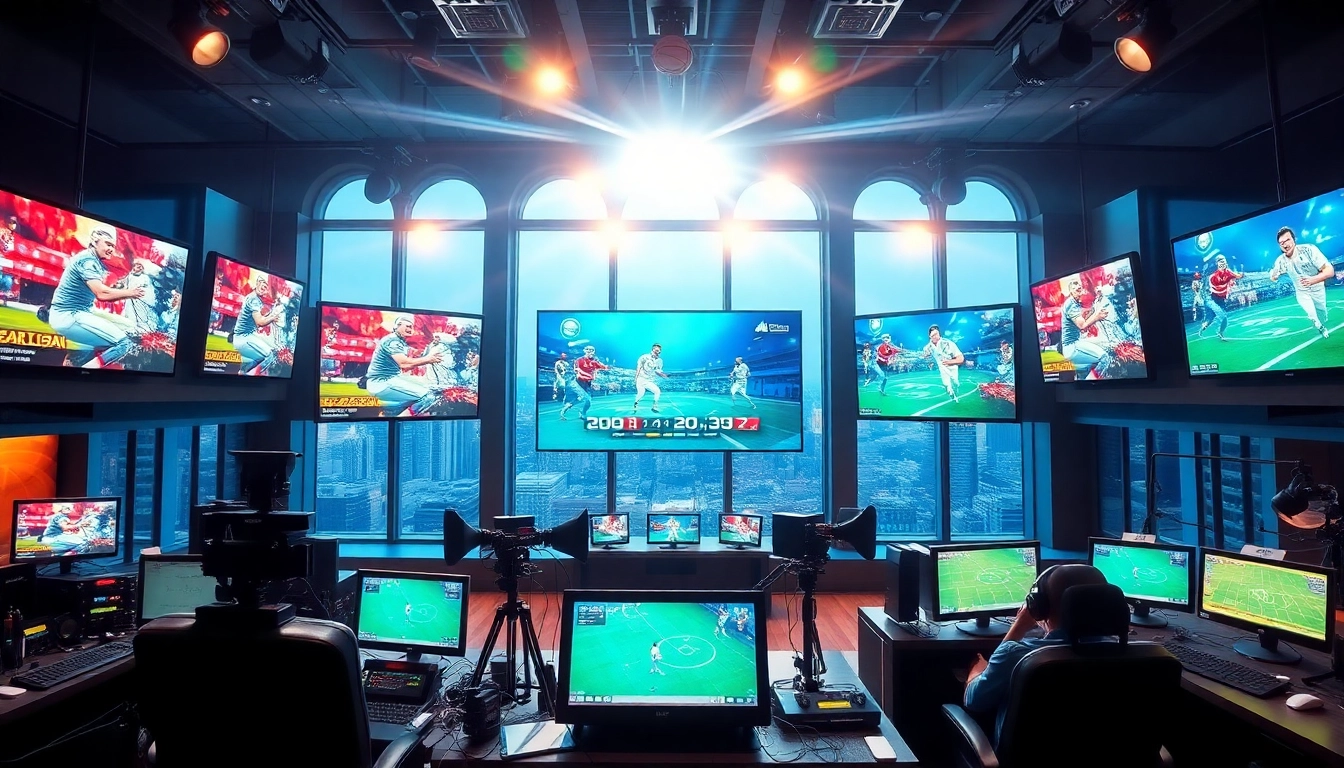 Dynamic sports broadcasting studio features vibrant screens and live events.