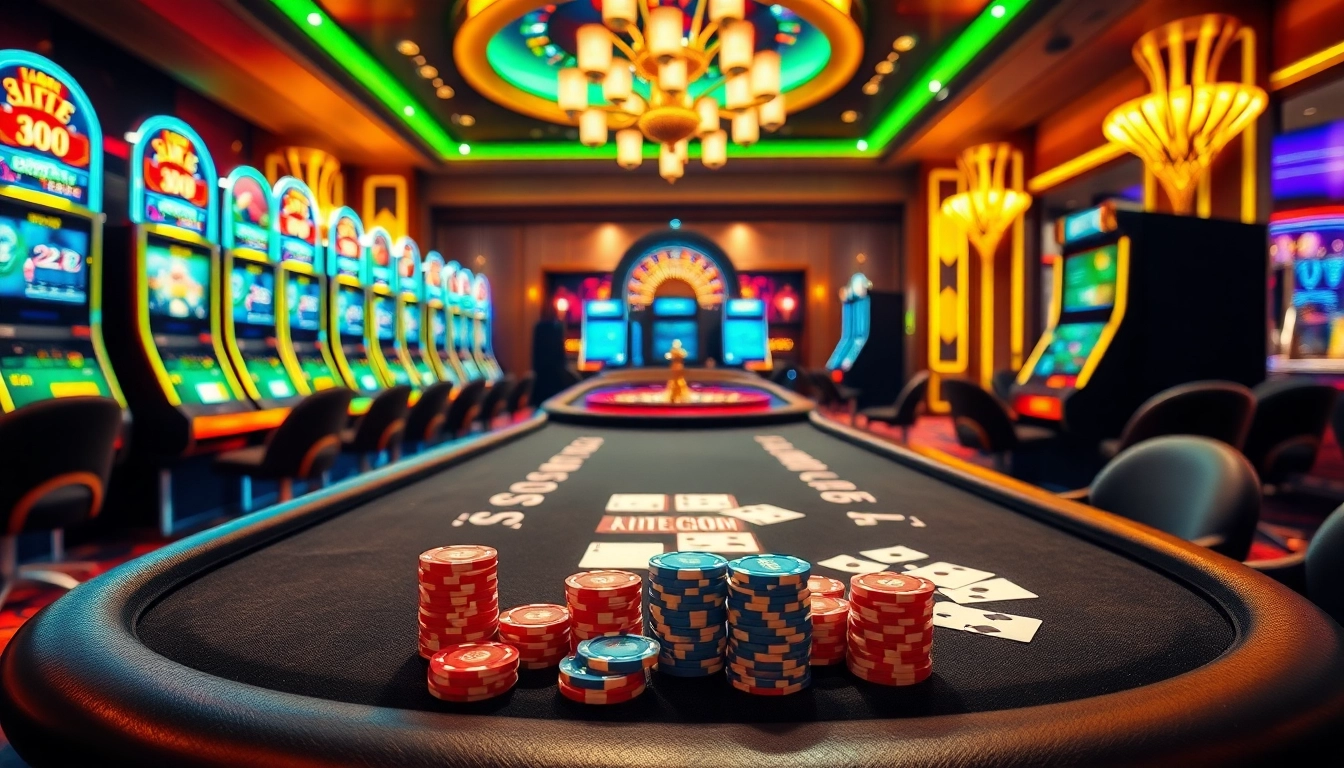 C168.COM casino scene showcasing poker, roulette, and vibrant slot machines, highlighting excitement in gambling.