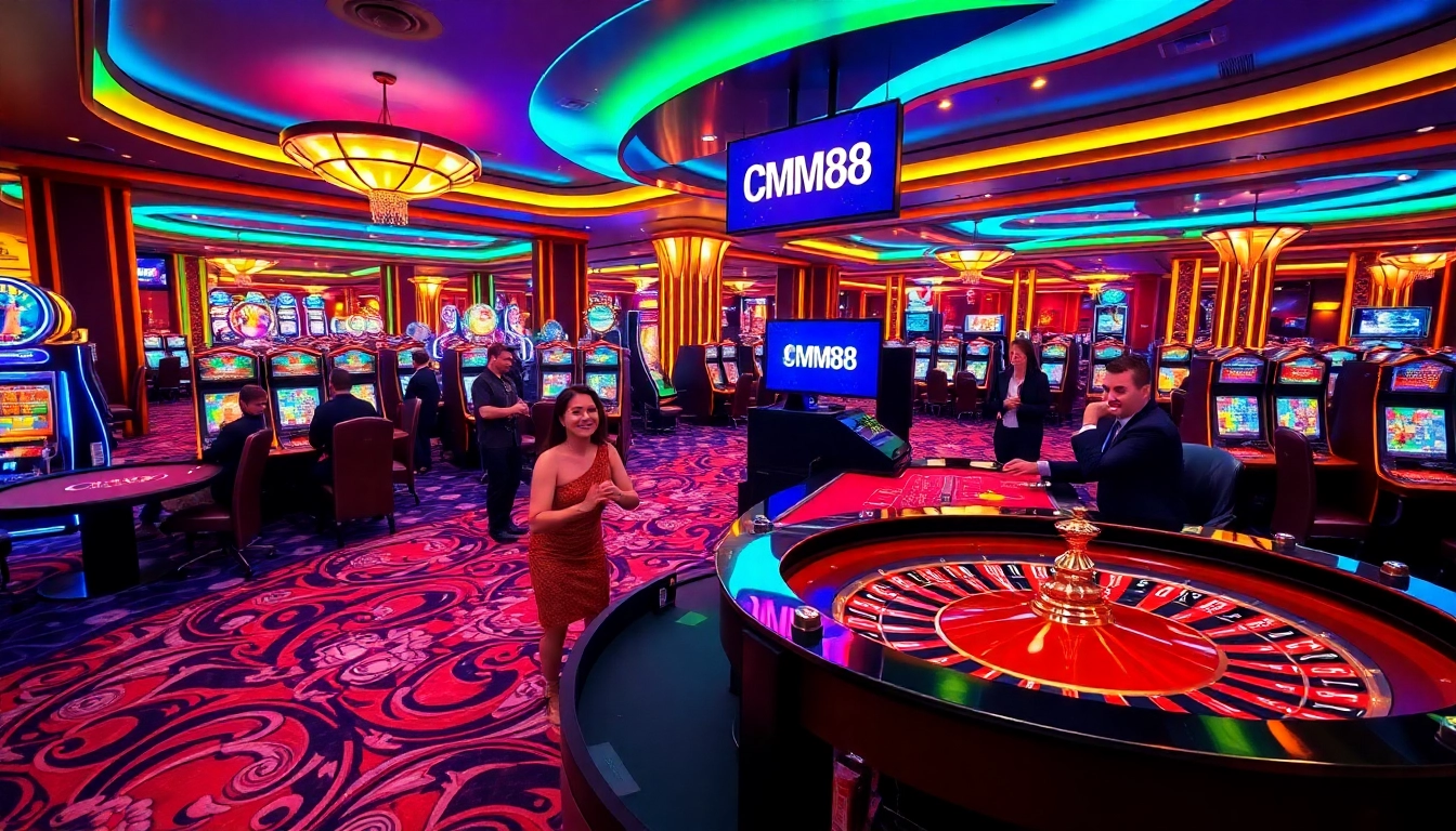 Excited gamblers playing at a luxurious casino featuring CM88 logo, roulette, and poker.