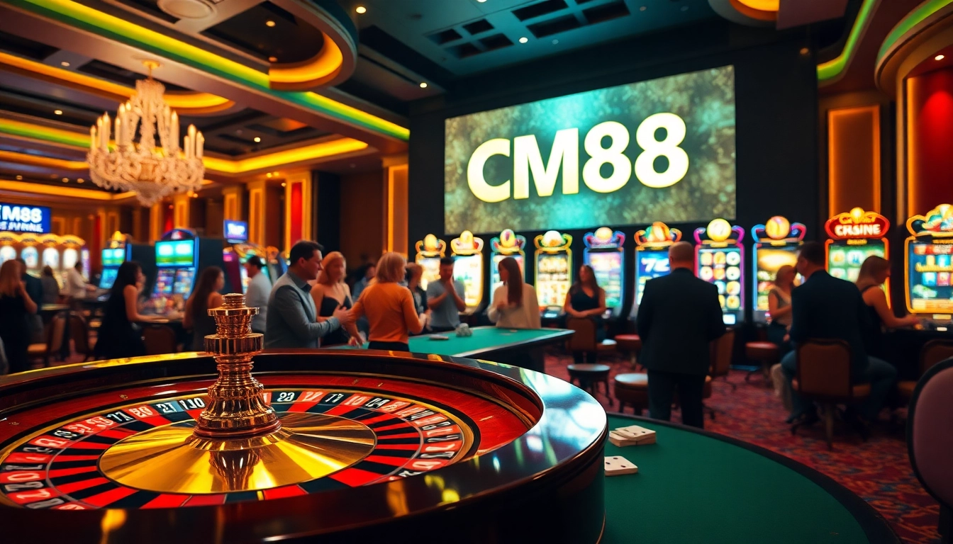 Experience the thrill of CM88 with vibrant casino visuals, featuring roulette, poker chips, and luxury gaming.